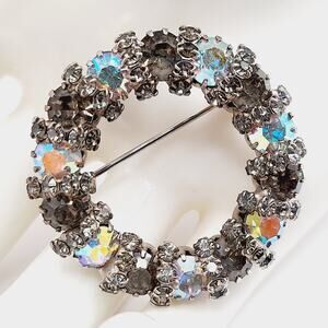 Vintage AB Rhinestone Circle Brooch Smoky Gray Silver Tone 1.5”